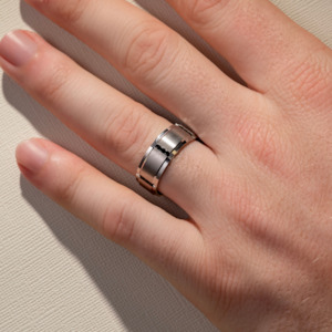 Mens Wedding Bands: 8.00MM Flat Band w/ Raised Brush Centre & Rows of Black Diamonds Wedding Ring