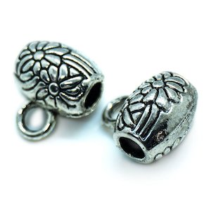 Oval Metal Barrel Bead with Flower Design and Loop 8mm x 6mm
