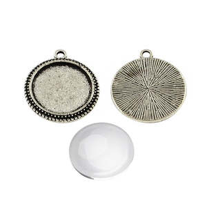 Tibetan Style Round Pendant Setting with Glass Dome 23mm x 20.3mm x 2mm