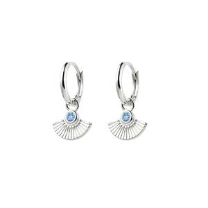Sterling Silver Aqua CZ Fan Charm Huggie Earrings