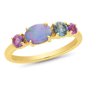 Amethyst: 9k Yellow Gold Opal, Amethyst & Topaz Ring