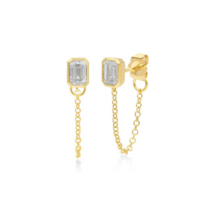 9k Yellow Gold Emerald Cut Bezel Lab Diamond Chain Stud Earrings