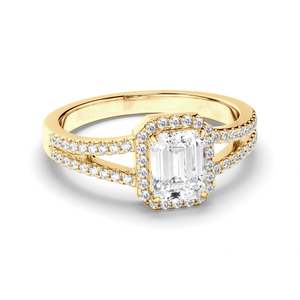 Emerald Cut Diamond Halo Engagement Ring with Pave Sides