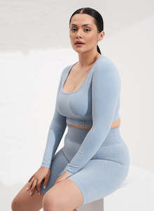 Crop Tops: Washed Light Denim Seamless Crop Long Sleeve