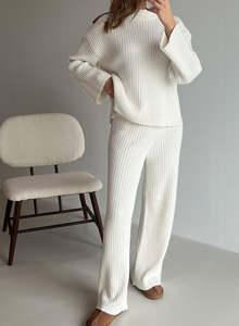 Pants: Almond White Rib Knit Pants