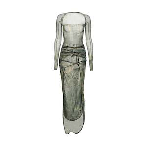 Maxi Dress: Tripoli Denim Print Mesh Dress