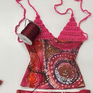 Sets: ELLA MIA Satin Crochet Top- Pink Celtic Batik (S)