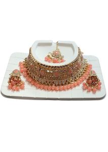 Peach Color Mirror Work Necklace Set