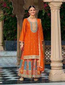 Salwar Kameez: Embroidered Chinon Silk Pakistani Suit in Orange