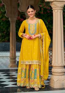 Embroidered Chinon Silk Pakistani Suit in Yellow