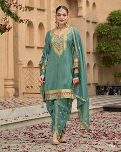 Salwar Kameez: Embroidered Art Silk Punjabi Suit in Teal Green