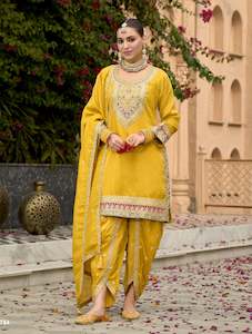 Embroidered Art Silk Punjabi Suit in Yellow