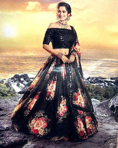 Floral Black Semi Stitched Lehenga Choli