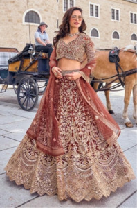 Lehenga: Rustic Umber Net Readymade Lehenga Set