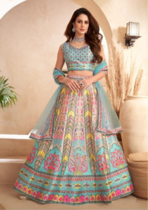 Lehenga: Aqua Pastel Diamante Readymade Lehenga