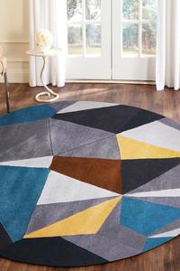 120x120cm 1: Laura Designer Wool Blue Yellow Grey Round Rug