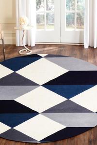 Digital Designer Wool Blue Grey White Round Rug