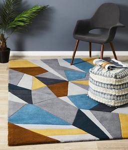Laura Designer Wool Blue Yellow Grey Rug