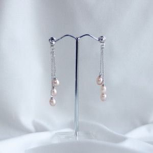 Three Pink Pearls on Chain Dangle Earrings
