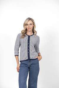 Ladies - Knitwear: Bella Navy/White 3/4 Sleeve Jacquard Cardigan