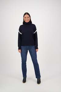 Vassalli Merino: Vassalli High Neck Sweater with Contrast Trim - Ink/Cream