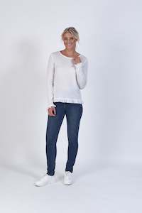 Vassalli Merino: Vassalli Winter White 100% Merino long Sleeve Top with Frilled Neck-Hem Cuffs
