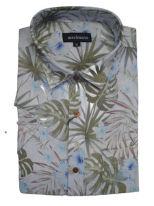 Mechmoto: Mechmoto Printed Linen Hibiscus Short Sleeve Shirt