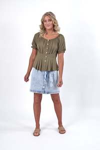 Knewe Aw23: Knewe Khaki Lane Round Neck Short Sleeve Top