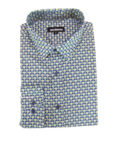 Mechmoto: Mechmoto Blue and Gold Geometric Design Long Sleeve Shirt