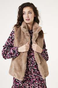 Ladies Coats Jackets: Garcia Faux Fur Waistcoat-Neutral Taupe
