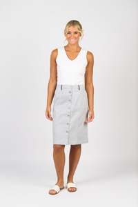 Vassalli Knee Length Skirt with Contrast Buttons and Trim Ink/White Stripe