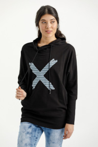 Homelee Stock Service Tees: Ellen Long Sleeved Tee With Hood - Black with Stormy Stripe Cross