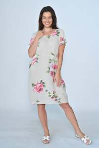 Cali Co: Linen Dress - Beige Big Floral