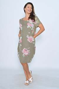 Cali Co: Linen Dress - Khaki Big Floral
