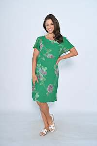 Linen Dress - Green Pink Big Floral