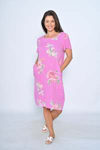 Cali Co: Linen Dress - Hot Pink Big Floral