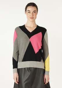 Diamond Dapper Vee Neck Knit - Black