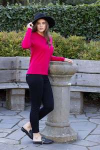100% Merino Round Neck Top with Sleeve Detail - Ruby