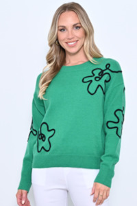 Round Neck Flower Knit - Green