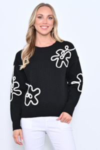 Round Neck Flower Knit - Black
