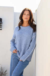 Grace Co: Miley Blanket Stitch Knit - Blue