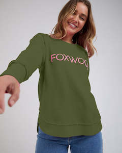 Outerwear: Simplified Metallic Sweatshirt - Olive With Pink Logo