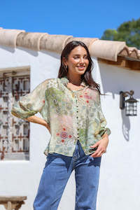 Shirts: Barcelona Multi Top - Khaki/Blush