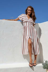 Stripe Button Front Dress - Mocha/White