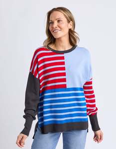 Elm: Effie Mixed Knit - Cranberry/Charcoal/Dusty Blue Stripe