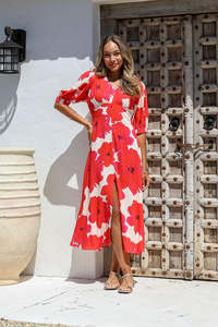 Sale Dresses: Poppy Fusion Shirred Dress - Red/White