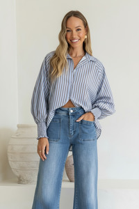 Shirred Cuff Shirt - Blue/Brown Stripe