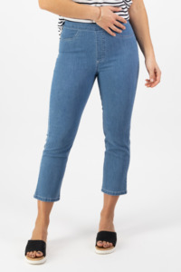 Pants: Denim 7/8 Length Pull On Pants - Mid Wash