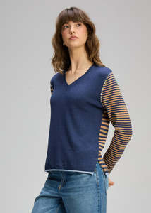 Varied Stripe Vee Neck Knit - Denim