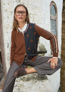 Stripe Spot Zip Up Cardigan - Coffee